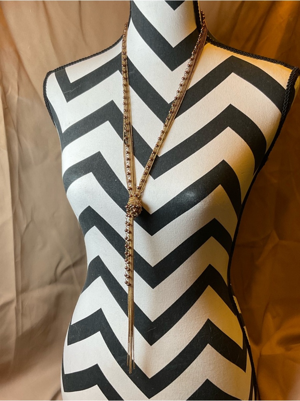 Long Gold Lariat Necklace with Beaded Tassel Gold Tone Drop Statement